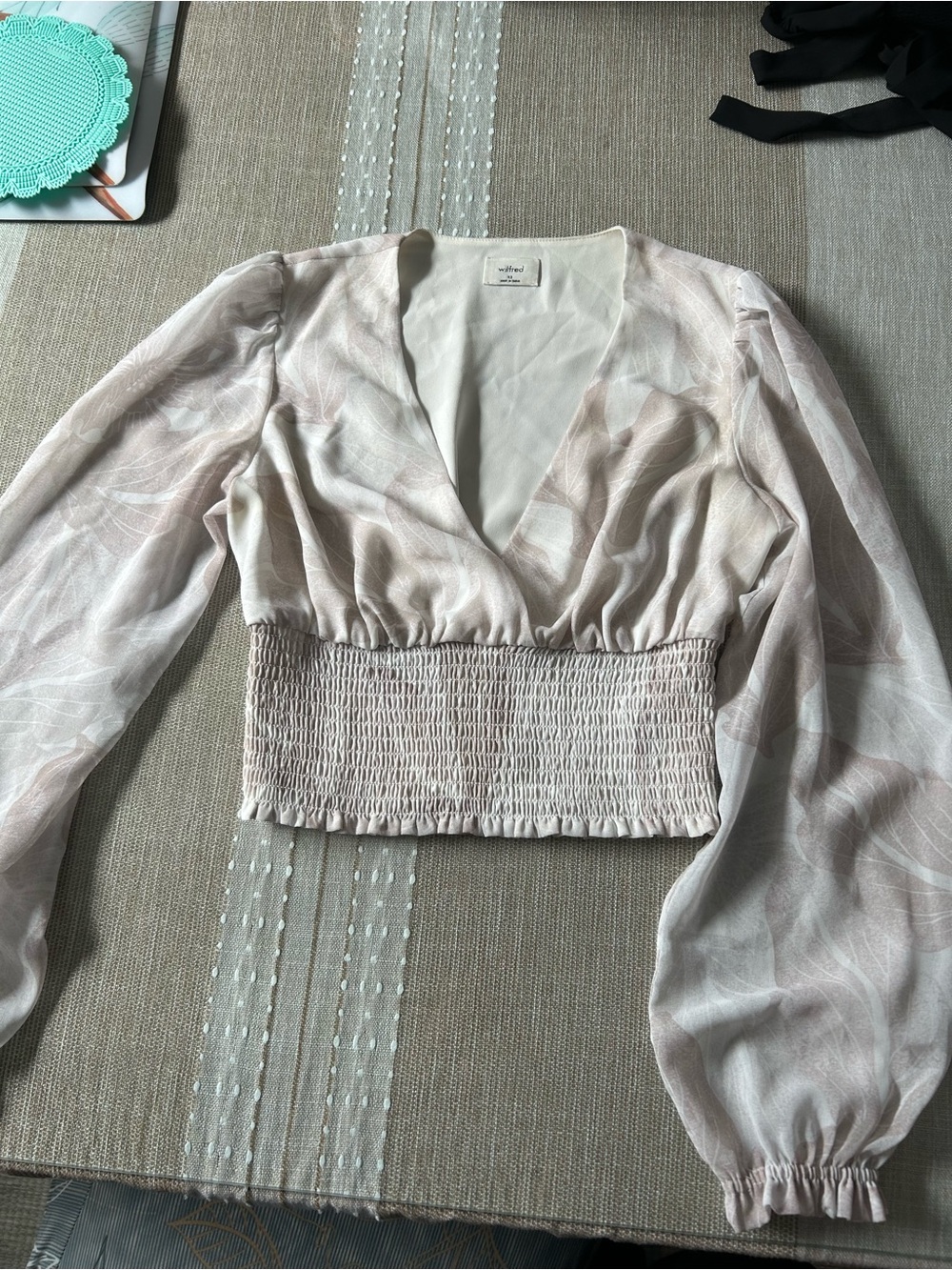 Wilfred Pale Blush Smocked-Waist V-Neck Long Sleeve Blouse